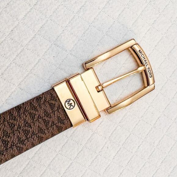 Michael Kors Printed Logo Brown Leather Belt Gold Buckle Size L - Picture 2 of 5